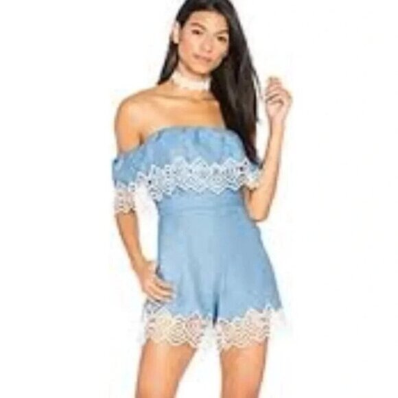 Bardot Revolve Runaway Romper Sky Blue Chambray White M - Picture 1 of 14